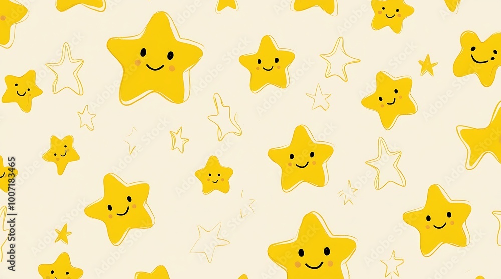 Poster whimsical, cartoon style illustration featuring a pattern of yellow stars with smiling faces on a li