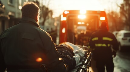 Fototapeta premium At sunset, paramedics carefully load a patient into an ambulance, casting a warm glow over the scene that highlights the gravity of their critical task.