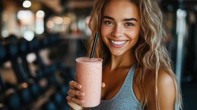 a woman fitness trainer holding a smoothie with low-calorie sweeteners. Concept Healthier Eating Choices, Low-Calorie Alternatives, Artificial Sweeteners, Sugar Substitutes, Diet Options