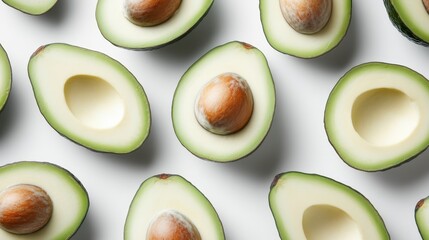 A top-down view of halved avocados arranged neatly with their seeds, highlighting their rich green textures and top-selling, healthy nature for culinary use.