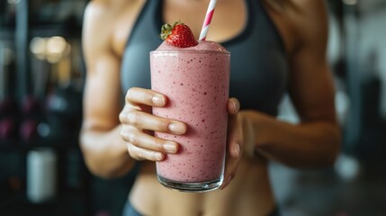 a woman fitness trainer holding a smoothie with low-calorie sweeteners, gym background. Concept Healthier Eating Choices, Low-Calorie Alternatives, Artificial Sweeteners, Sugar Substitutes, 
