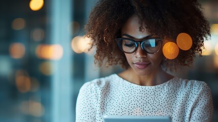 A thoughtful woman wearing glasses reads a tablet in an urban setting, under city lights. The image captures concentration, modern technology, and a serene atmosphere.