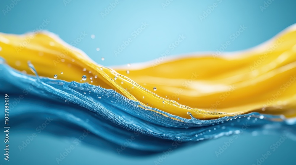 Poster this abstract image portrays a mesmerizing swirl of yellow and blue fabrics, interspersed with dropl