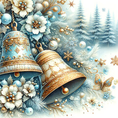 Magical Christmas jingle bells blue gold winter composition with a snowy forest, golden garlands. New Year square postcard