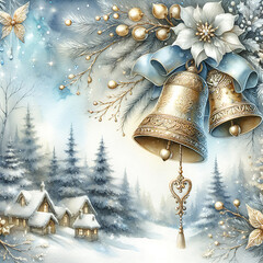 Magical Christmas jingle bells blue gold winter composition with a snowy forest, golden garlands. New Year square postcard