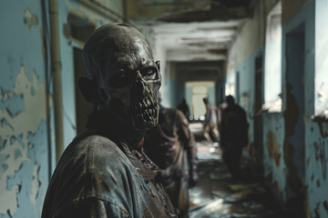 Fototapeta premium A man with a zombie face stands in a hallway