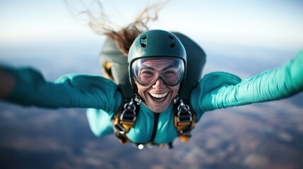 An enthusiastic female skydiver, dressed in a teal jumpsuit, takes a joyful selfie while freely falling in the sky, highlighting the exhilarating adventure.