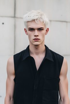 A young man stands tall, showcasing his unique white hairstyle and muscular physique against a simple urban wall in daylight