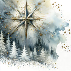 Magical Christmas blue gold winter composition with a snowy forest, Star of Bethlehem. Christmas square postcard