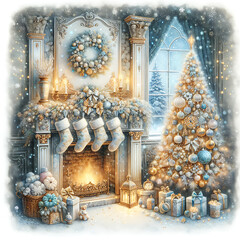 Magical Christmas blue gold holiday composition with a home interior, Christmas tree. New Year square postcard Merry Christmas.