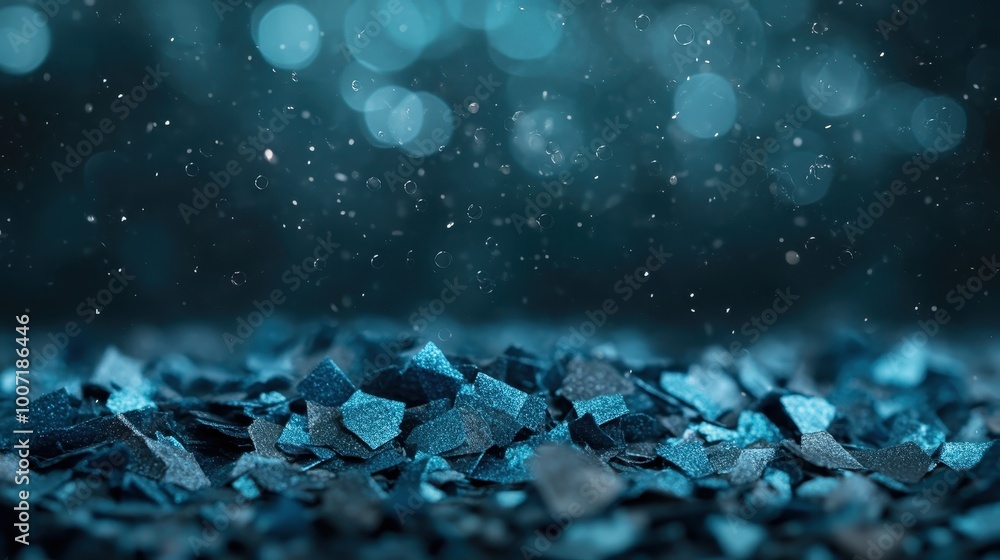Poster a collection of shimmering blue fragments on a surface, accentuated by delicate bokeh light effects,