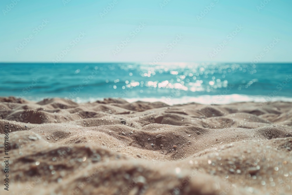 Poster a serene beach scene with the ocean waves crashing in the background