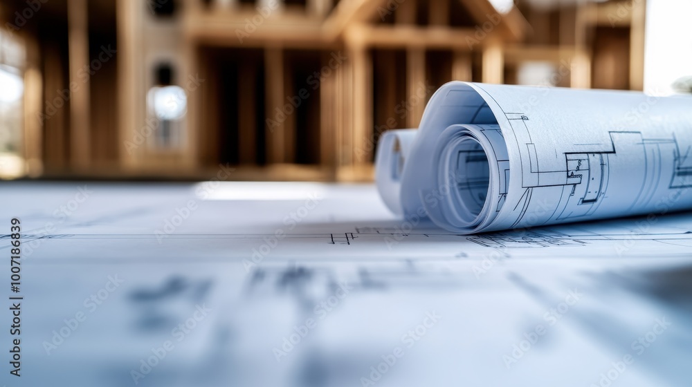 Poster a close-up of rolled blueprints on a table with an unfinished wooden structure, symbolizing the plan