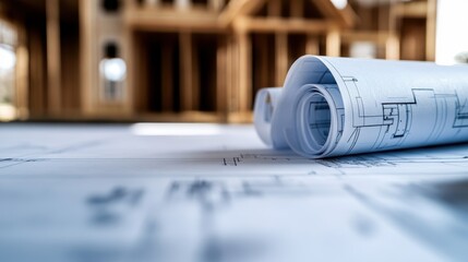 A close-up of rolled blueprints on a table with an unfinished wooden structure, symbolizing the planning and construction processes of buildings or projects.