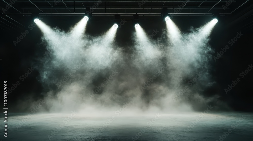Poster a captivating scene with bright stage lights casting beams of light through a dramatic haze, creatin