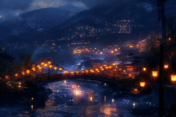 A bridge over a river with lights on it
