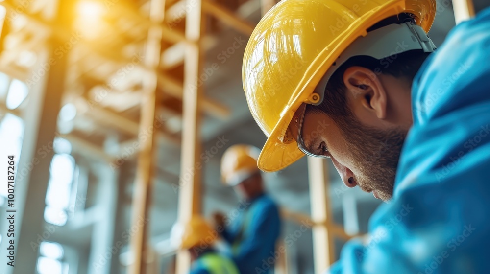 Poster industrious workers clad in protective gear focus intently on building structure, embodying teamwork