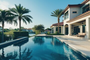 Fototapeta premium A large swimming pool in front of a modern house, perfect for outdoor fun and relaxation