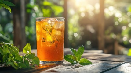 a glass of iced tea with stevia leaves beside it, on a patio table, summer vibe. Low-Calorie Alternatives, Artificial Sweeteners, Sugar Substitutes, Diet Options