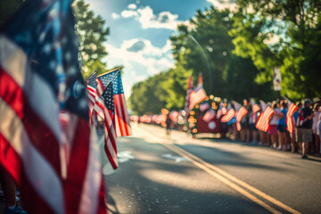 A large group of people are holding American flags on a street