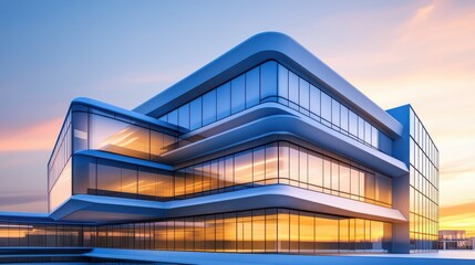 Fototapeta premium Modern office complex with a sleek, glassy exterior and prominent architectural features.