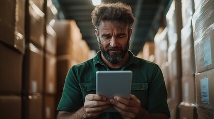 A bearded individual in a green jacket intently uses a tablet, surrounded by stacked brown boxes in a warehouse setting, suggesting organization and intent.