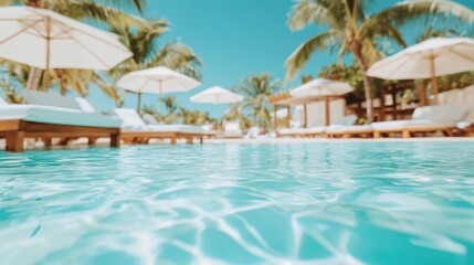 A tranquil pool with clear water, surrounded by lush, green palm trees and sun loungers, evoking a sense of relaxation and vacation vibes in a tropical setting.