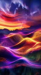 Obraz premium Abstract waves light crashing glowing desert landscape dynamic motion surreal energy vivid colors. AI generated