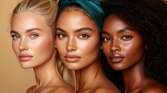A captivating image displaying three diverse models with radiant skin and distinct features, showcasing the harmony and beauty of multicultural diversity.