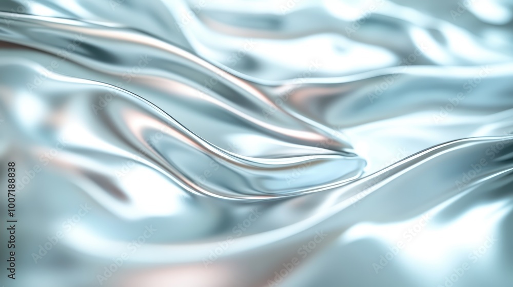 Poster reflective silver liquid-like folds undulate across the frame, creating a unique pattern of light an