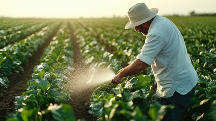 A committed farmer watering plant rows in a field, illustrating the dedication and effort involved in nurturing crops to ensure bountiful harvests and sustainable farming.