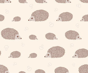 Cute seamless pattern with brown hedgehogs and mushrooms. Hand drawn vector illustration.