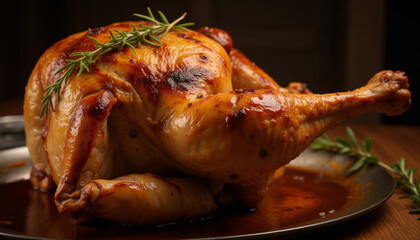 Fototapeta premium Roasted Chicken with Rosemary Garnish on Serving Platter