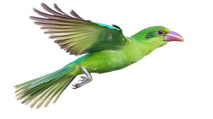 Green Broadbill Bird Flying on White Background, Photo Realistic, Wallpaper, Cover and Screen for Smartphone, PC, Laptop, 9:16 and 16:9 Format