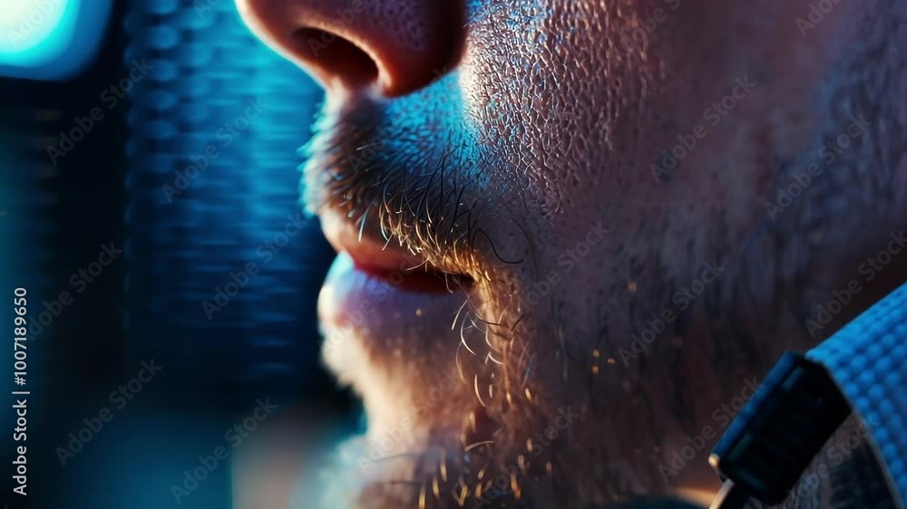 Poster close up of a man's face illuminated by the bright light of a computer screen while he is breathing 