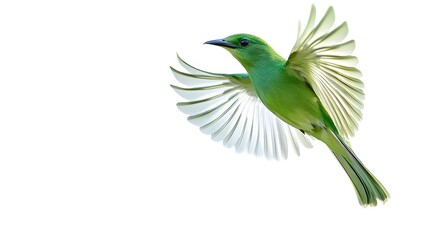 Fototapeta premium Green Broadbill Bird Flying on White Background, Photo Realistic, Wallpaper, Cover and Screen for Smartphone, PC, Laptop, 9:16 and 16:9 Format