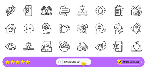 Farsightedness, Cough and Eye drops line icons for web app. Pack of Medical drugs, Medical mask, Sick man pictogram icons. Intestine, Stress, Laptop signs. Uv protection, Sun protection. Vector