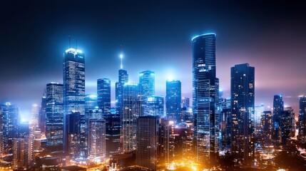 Obraz premium Night city skyline with glowing lights and tall buildings, creating a captivating urban nightscape.