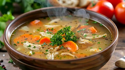 A steaming bowl of chicken noodle soup with carrots and parsley - Powered by Adobe