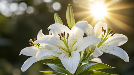 Fototapeta premium Sunlight glimmers through blooming white lilies in a serene garden at sunset