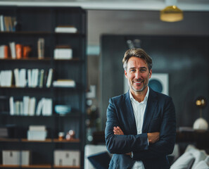 Fototapeta premium Portrait of handsome business man in his 40s smiling while standing in a modern office