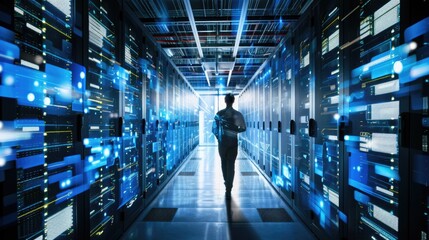 Fototapeta premium A person navigating through a data center facility