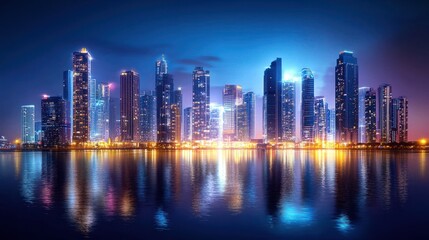 Fototapeta premium Nighttime city skyline with bright lights from tall buildings, creating a stunning contrast against the dark sky.