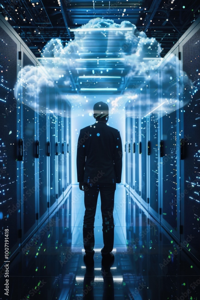 Aufkleber a person standing in front of servers and data equipment with a cloud hovering above their head