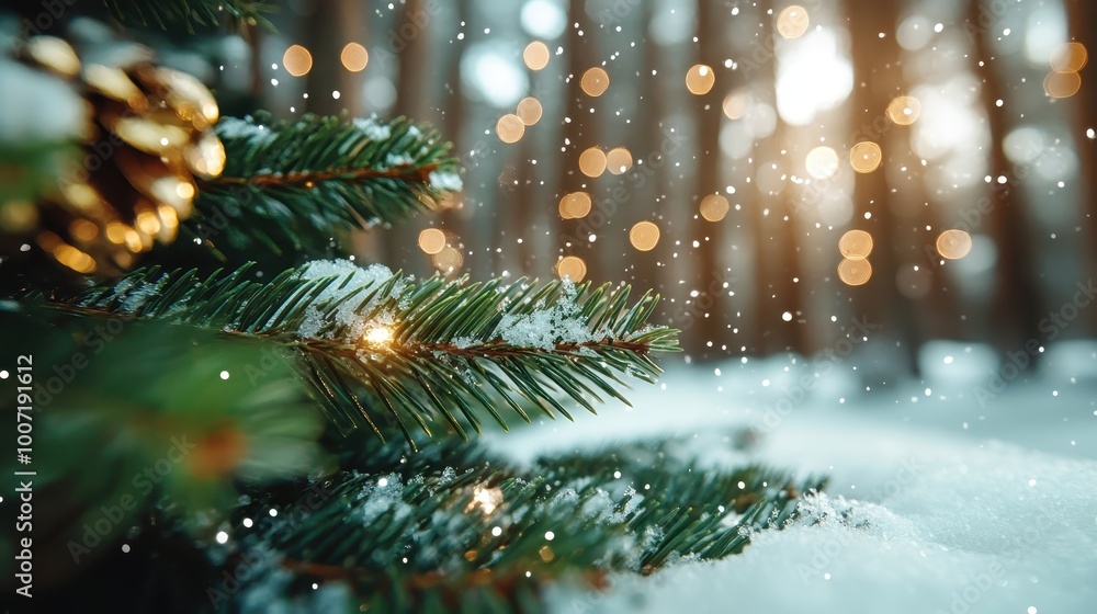 Poster A close-up image of snowy evergreen branches adorned with sparkling light bokeh effects, creating a magical winter atmosphere full of festive cheer.