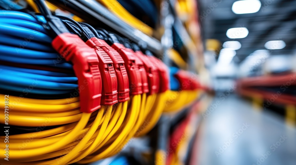 Poster a detailed view of numerous colored network cables with red connectors organized in a data center, r