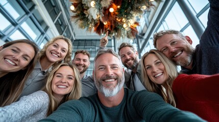 A diverse group of individuals smiles beneath a beautifully decorated ceiling, highlighting unity, celebration, and diverse cultures in a spacious modern building.