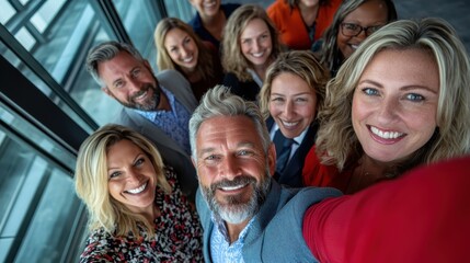 Obraz premium A group of cheerful colleagues takes a selfie in a modern office setting, capturing a moment of teamwork and camaraderie with natural light streaming in.
