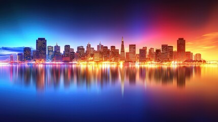 Fototapeta premium Panoramic shot of the San Francisco skyline with skyscrapers, the Golden Gate Bridge, and the calm waters of the bay reflecting the city lights.