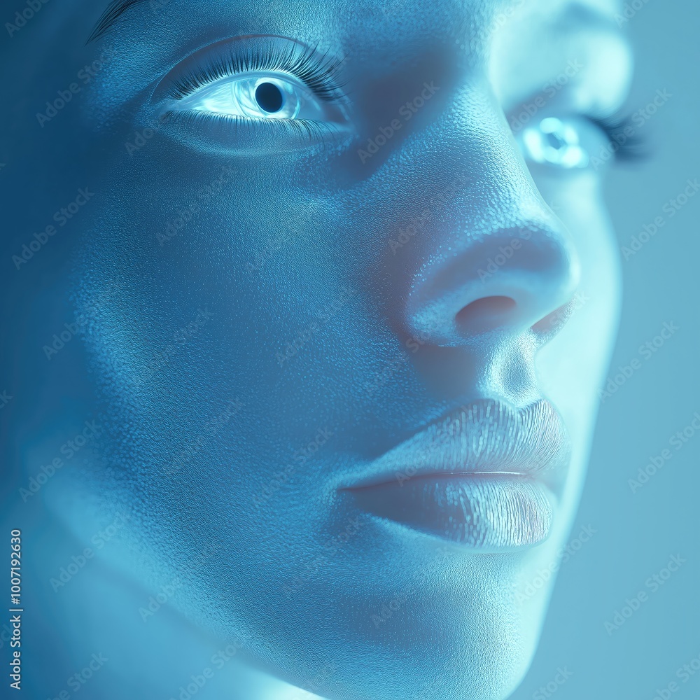 Poster 3d rendering of a futuristic human face - conceptual illustration of artificial intelligence and tec